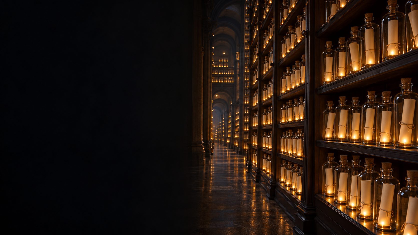 A vast dark archive of glass bottles, each with a note and a small warm light.
