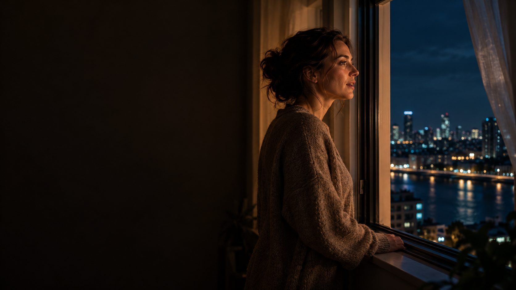 A person at an open window speaks quietly into the night city.
