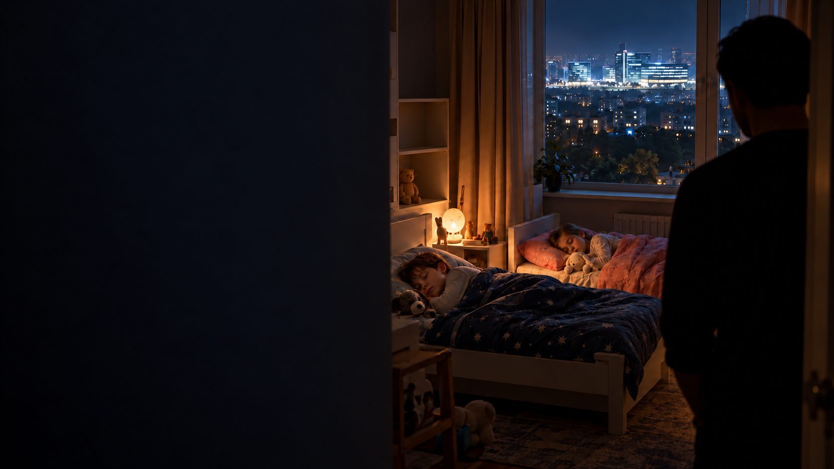 A parent in a doorway watches two children asleep; a glass tech campus glows on the horizon.