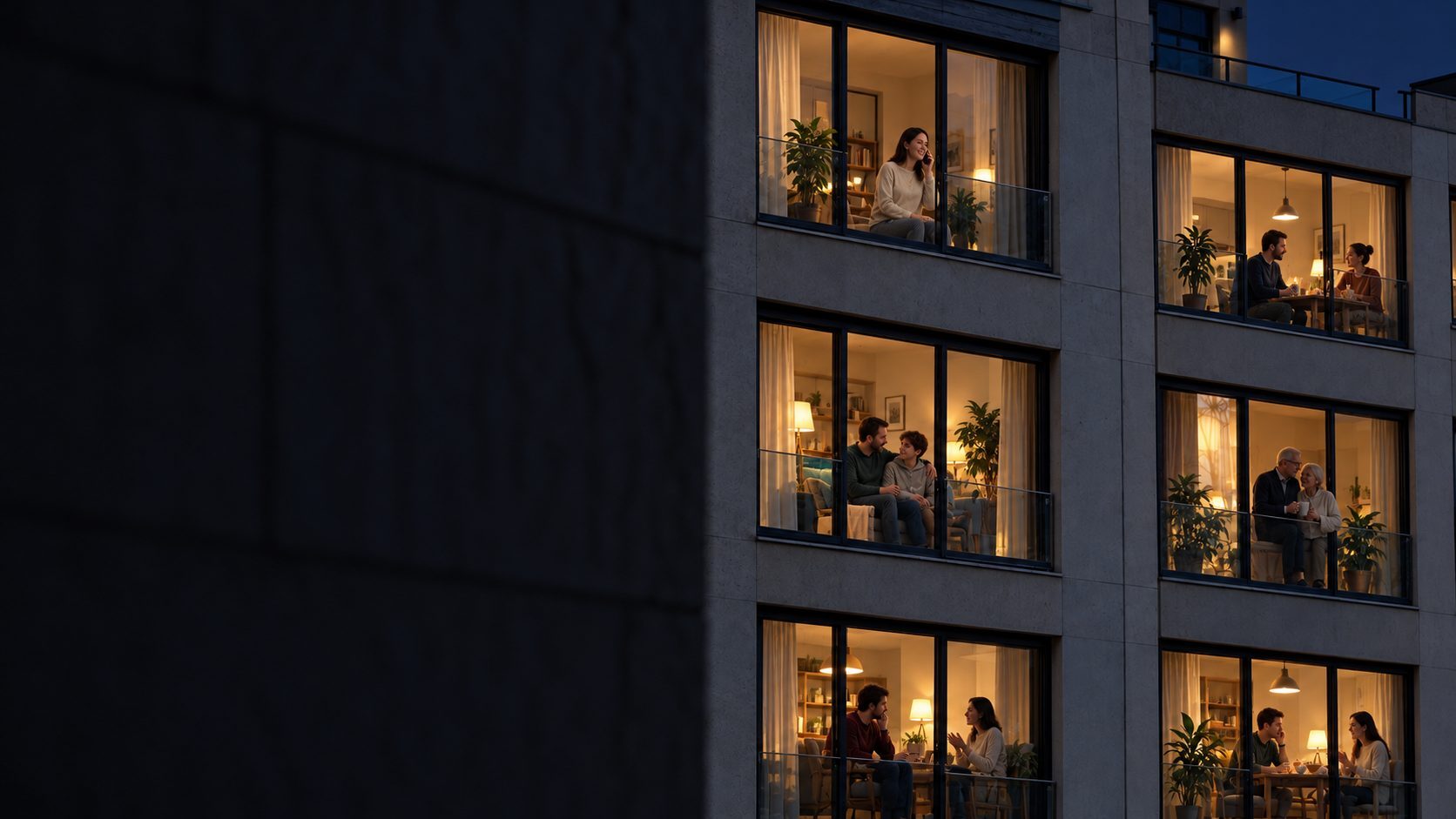 An apartment block at night; in each lit window someone is with someone.